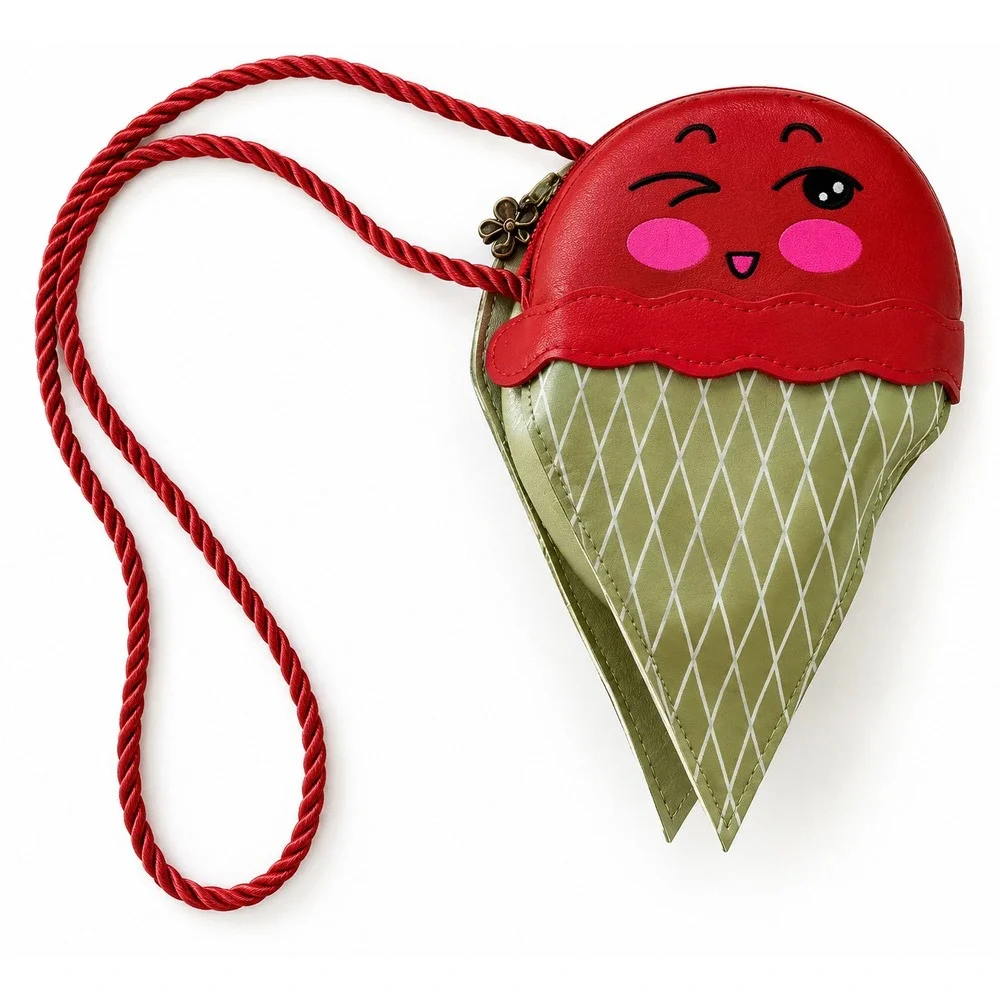 ICE CREAM CONE Girl Crossbody Purse Bag Red Face Novelty Whimsical Zip Accessory